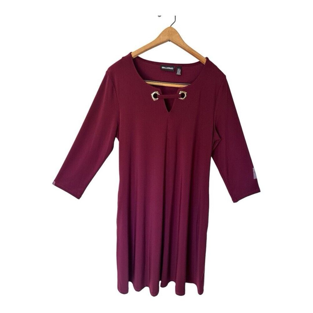 Nina Leonard Miracle Matte Jersey Tunic Dress Pockets Womens Size L Burgundy